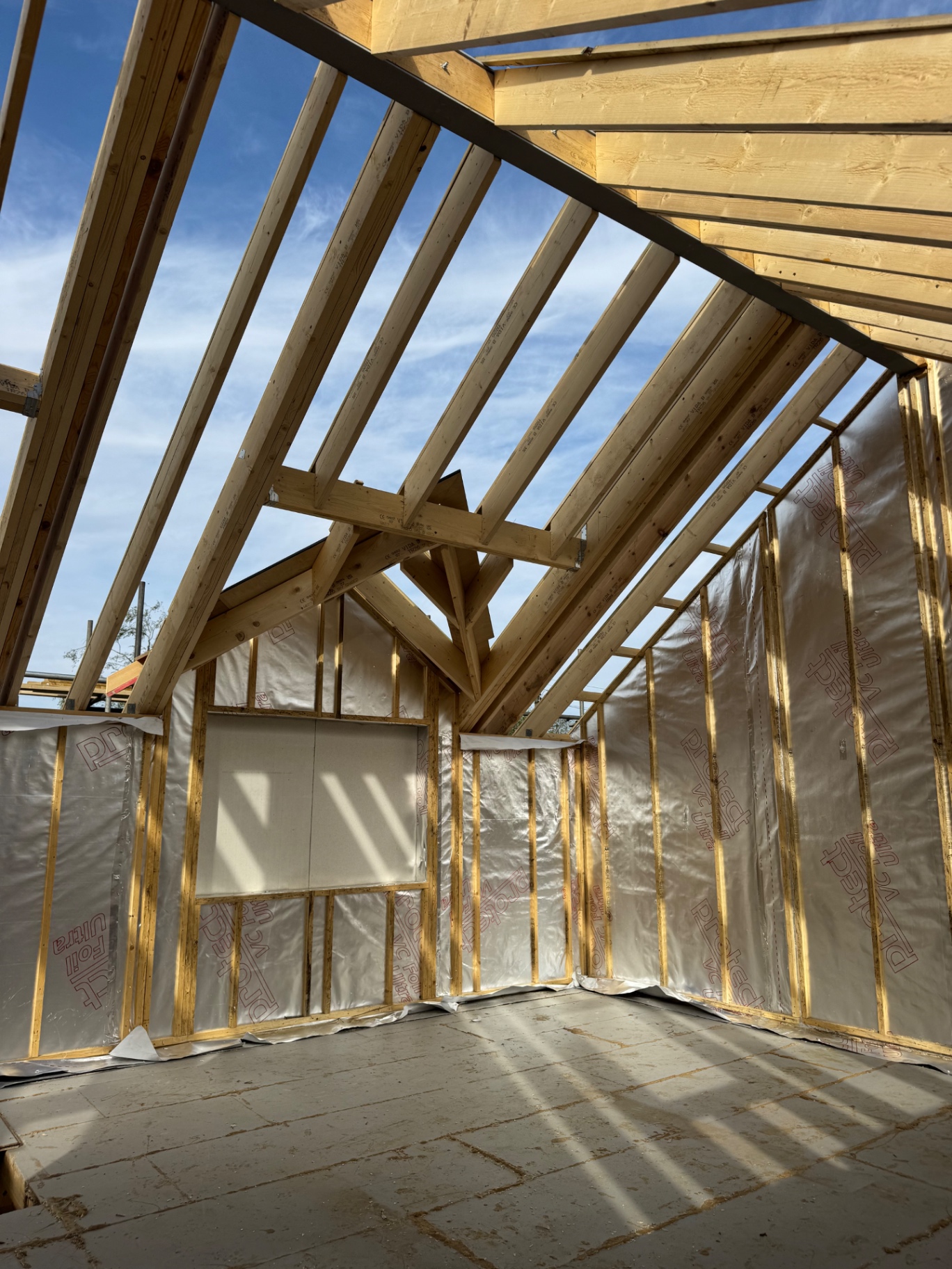 Internal stud partitions and roof structure at the Rhos build