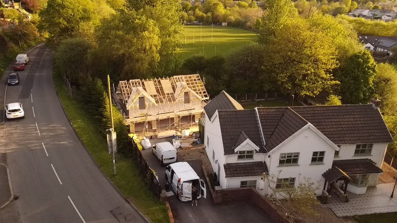 Aerial view of the triple garage roof framing on site