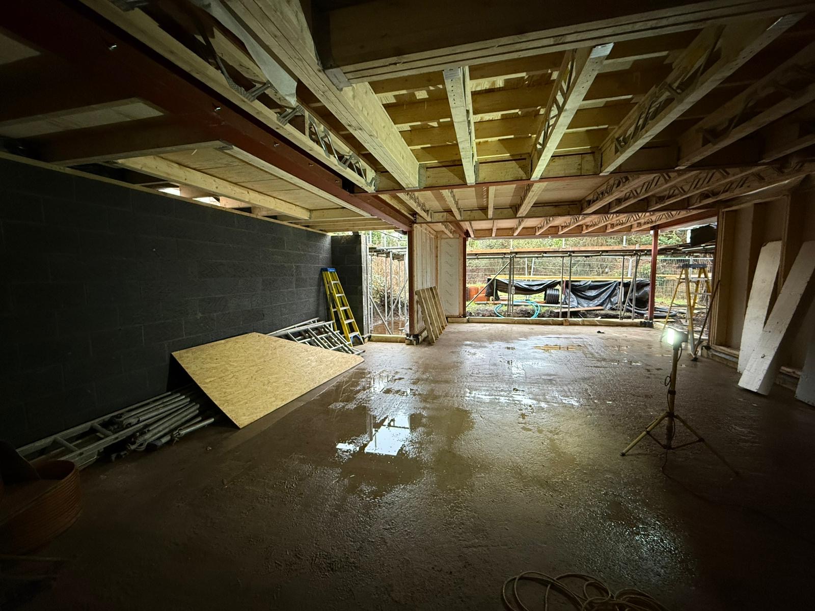 Ground floor structural opening with steels and engineered joists at the Airbnb conversion