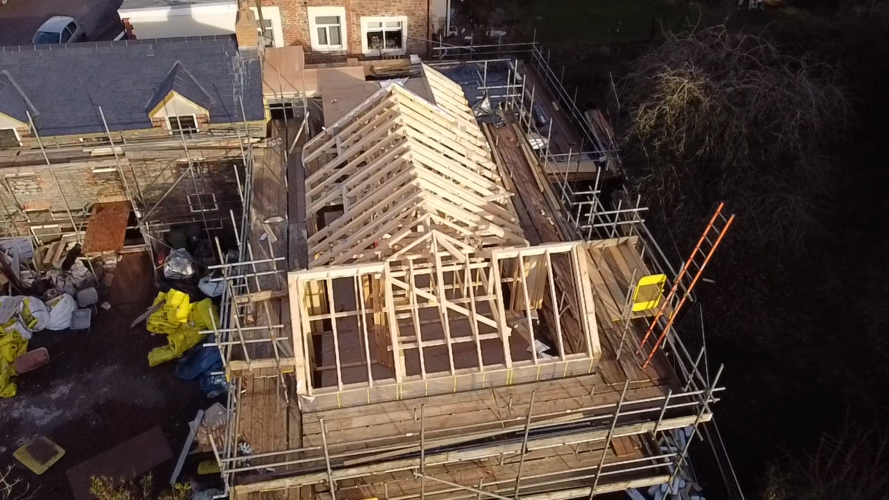 Aerial view of the gable end and roof structure on the Airbnb conversion