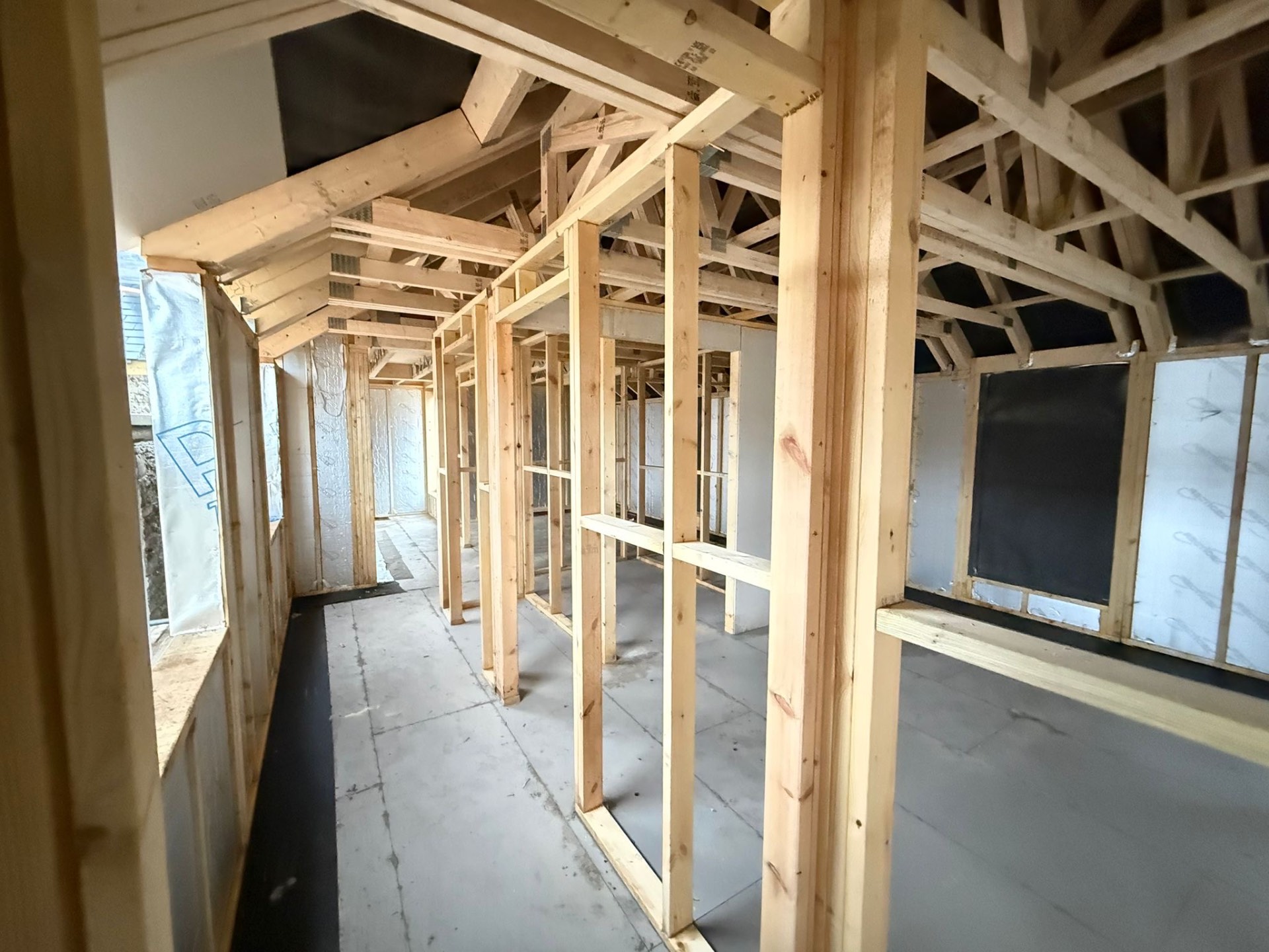 Second floor framing detail showing trusses and partition layout on the Airbnb project