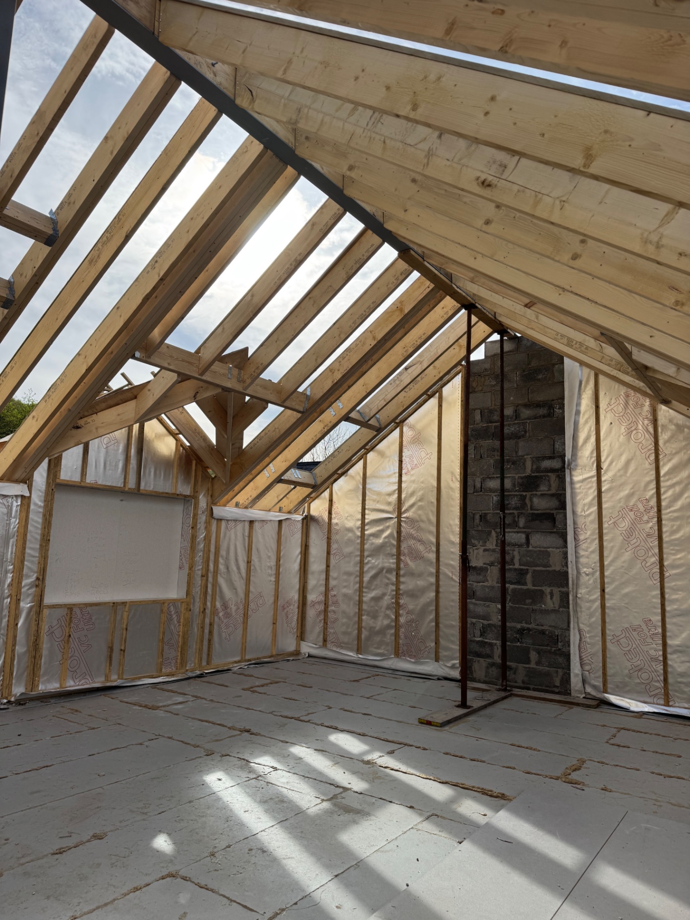 Internal view of finished framing and chimney at the Rhos build